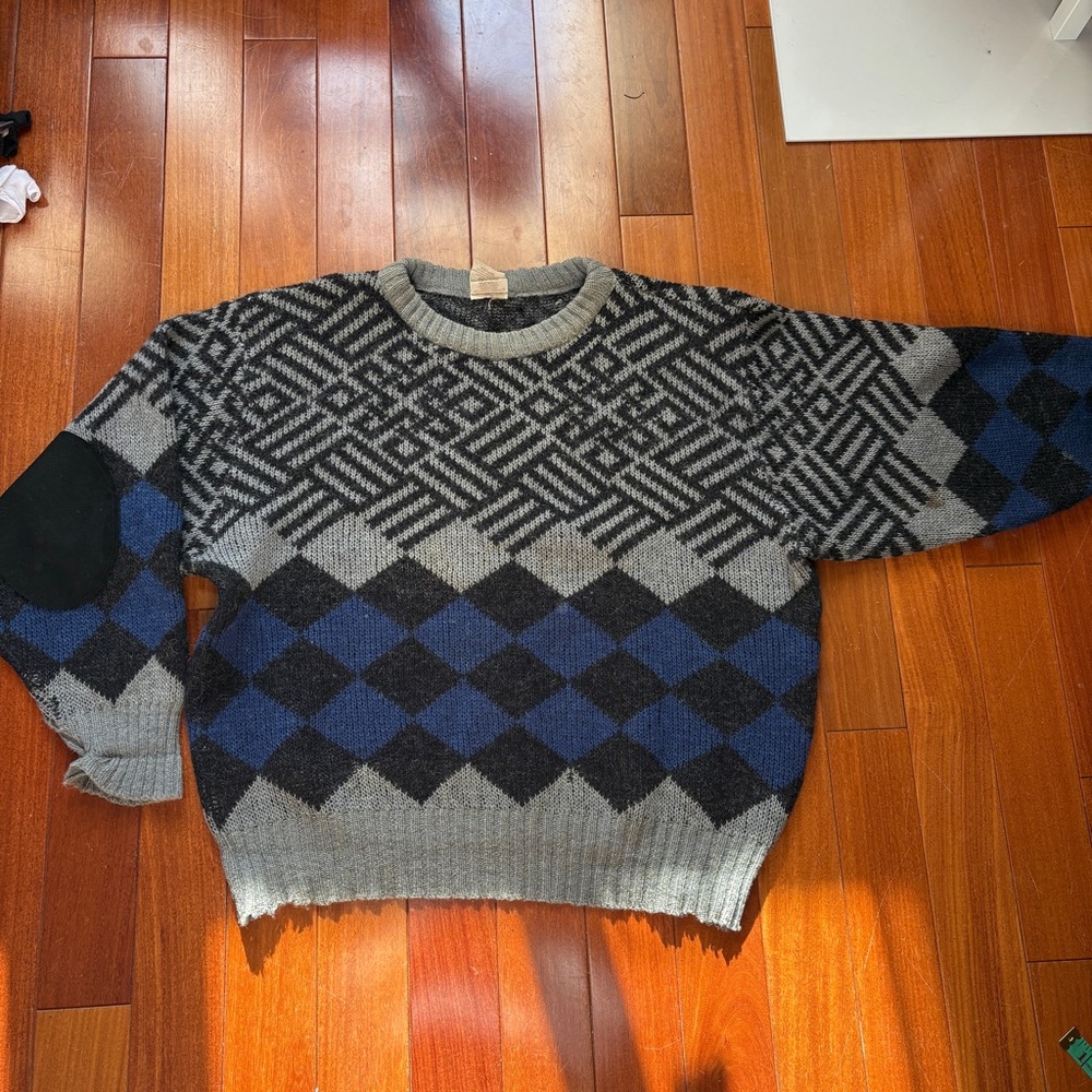 Hilda Ltd Men’s S Gray Blue Black 100% Wool Crewneck Icelandic Sweater Geometric